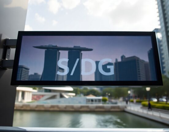 USD/SGD exchange rate display with Singapore financial district in background