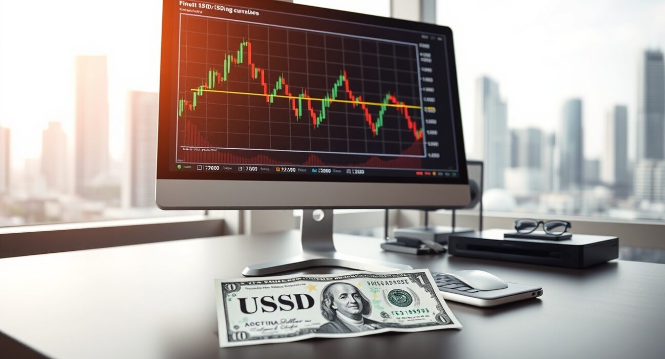 Financial analyst desk with USD/SGD chart on monitor and Singapore Dollar notes