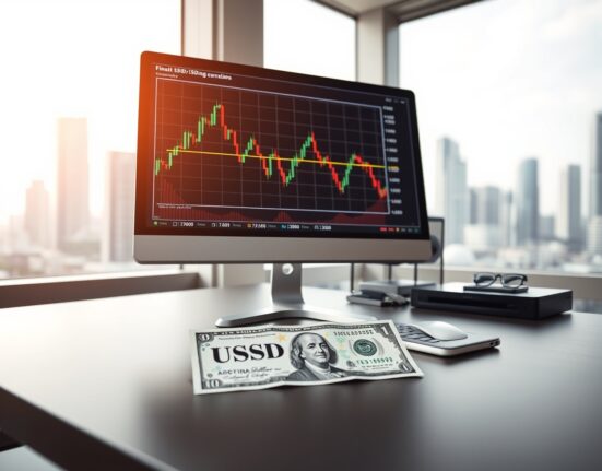 Financial analyst desk with USD/SGD chart on monitor and Singapore Dollar notes