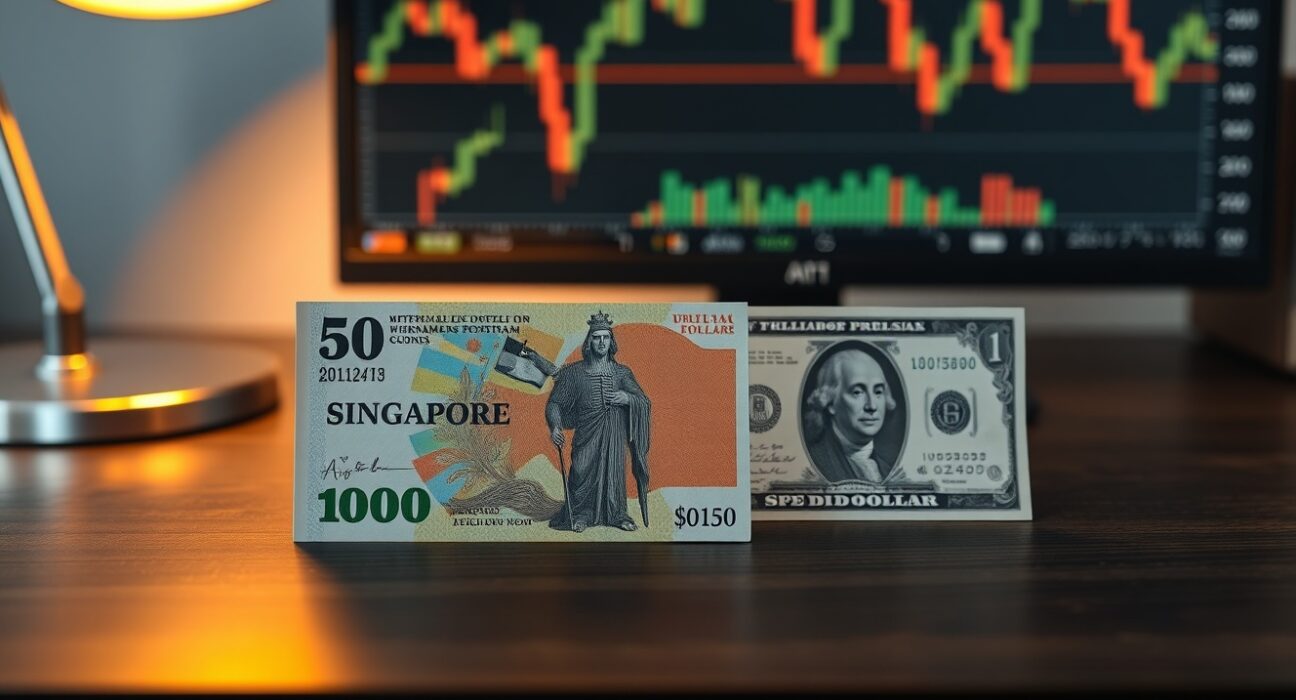 Singapore dollar and US dollar notes on a desk with a financial chart in the background