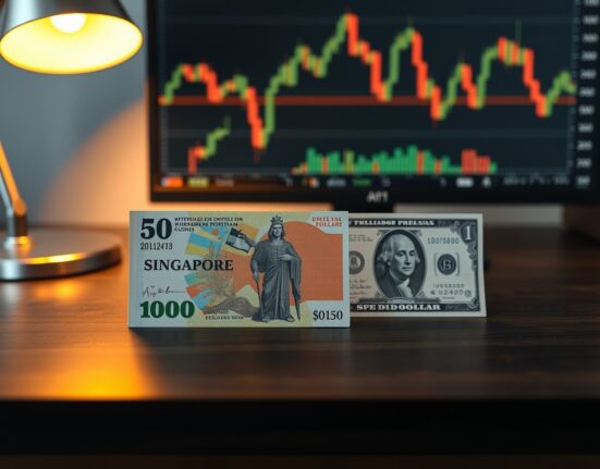 Singapore dollar and US dollar notes on a desk with a financial chart in the background