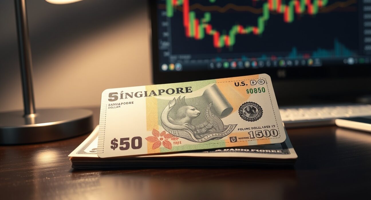 Singapore Dollar and US Dollar banknotes on a desk with a blurred trading chart background.