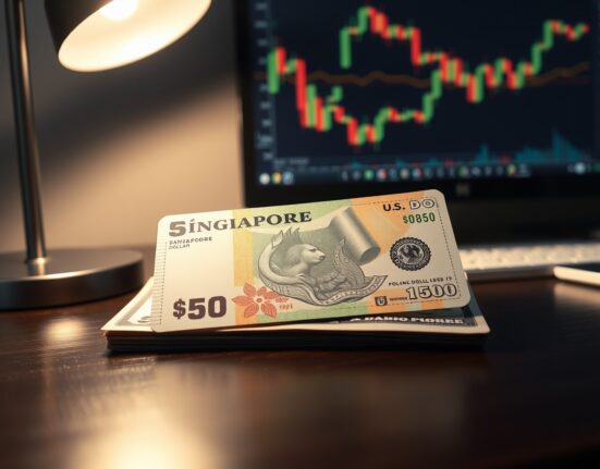 Singapore Dollar and US Dollar banknotes on a desk with a blurred trading chart background.