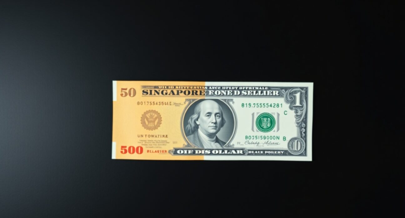 Singapore dollar and US dollar banknotes side by side on a wooden surface