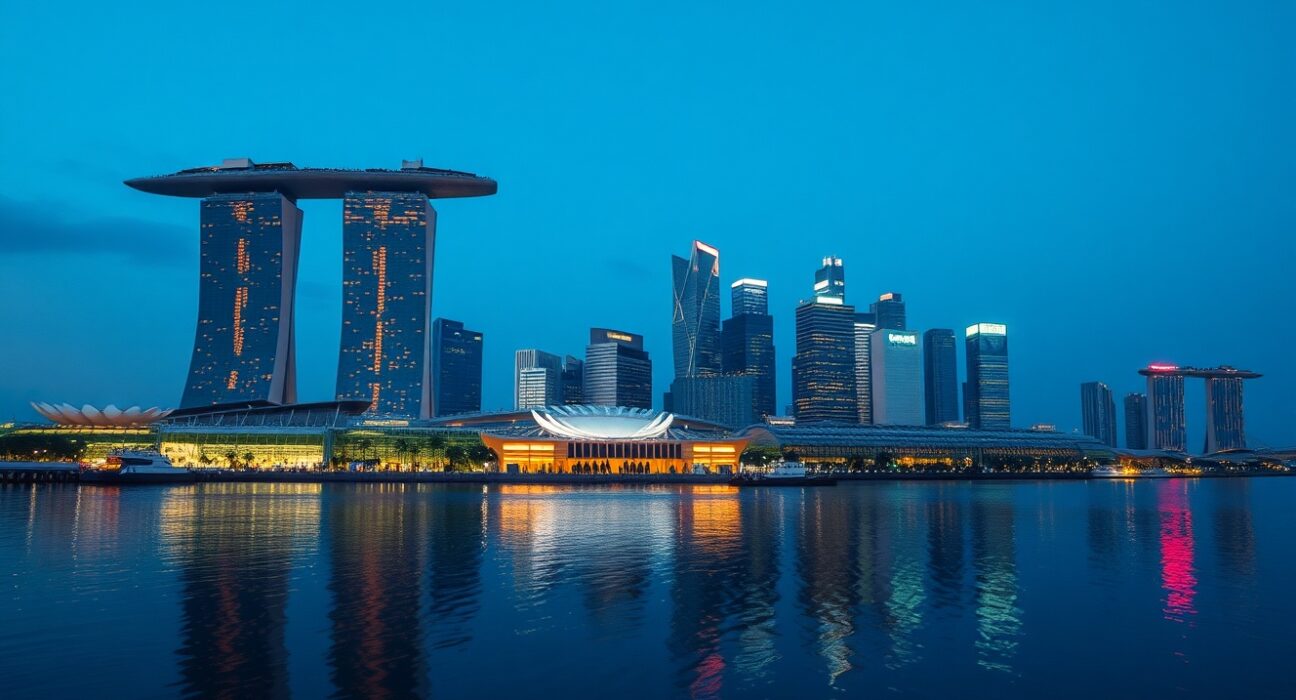 Singapore's Marina Bay skyline representing economic resilience amid global uncertainty in DBS analysis.