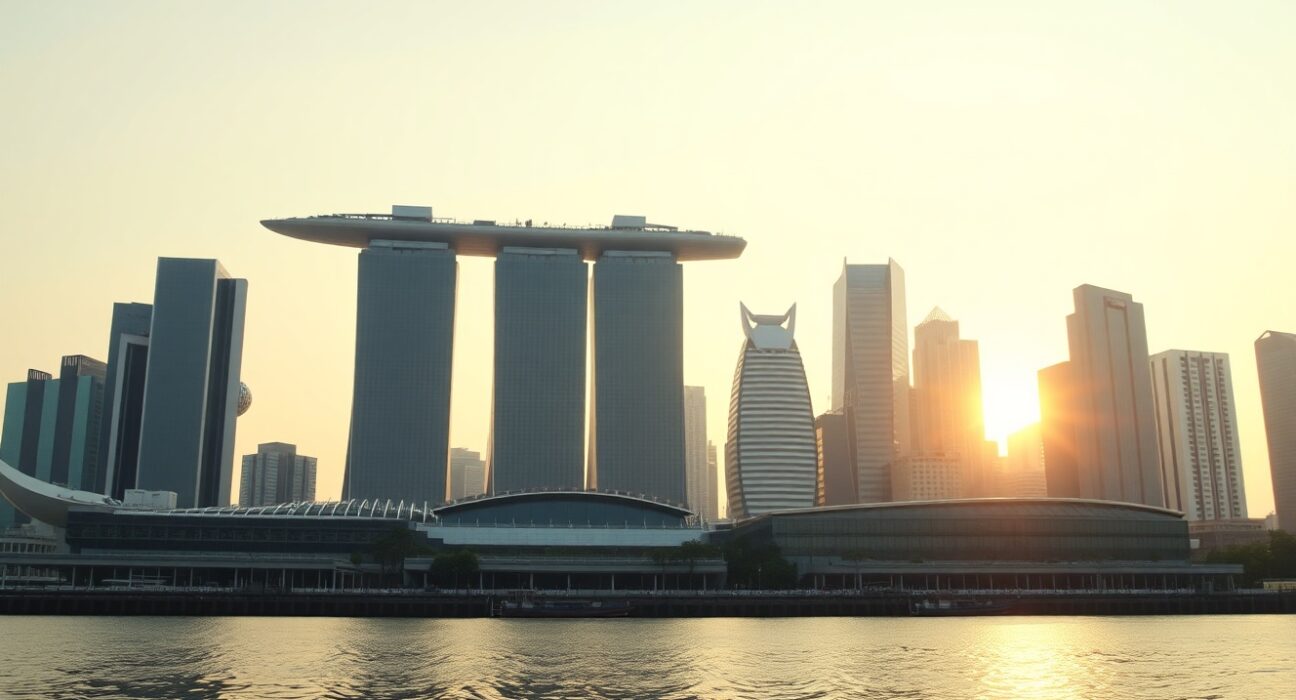 Singapore skyline at dawn with Marina Bay Sands and financial district buildings