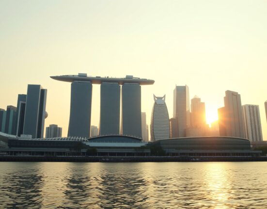 Singapore skyline at dawn with Marina Bay Sands and financial district buildings