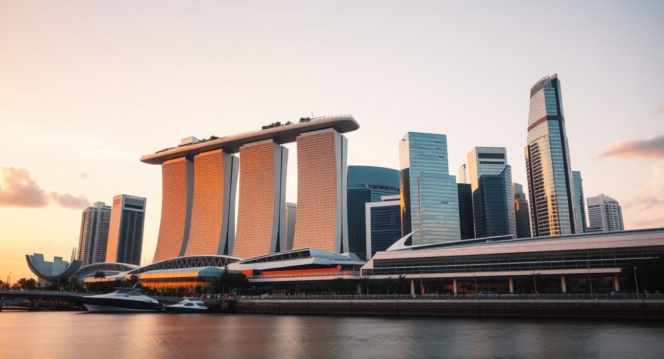 Singapore Marina Bay skyline at golden hour, symbolizing economic resilience and growth.