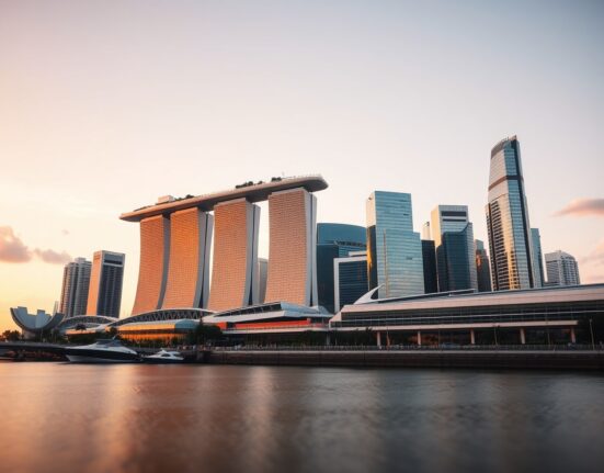 Singapore Marina Bay skyline at golden hour, symbolizing economic resilience and growth.