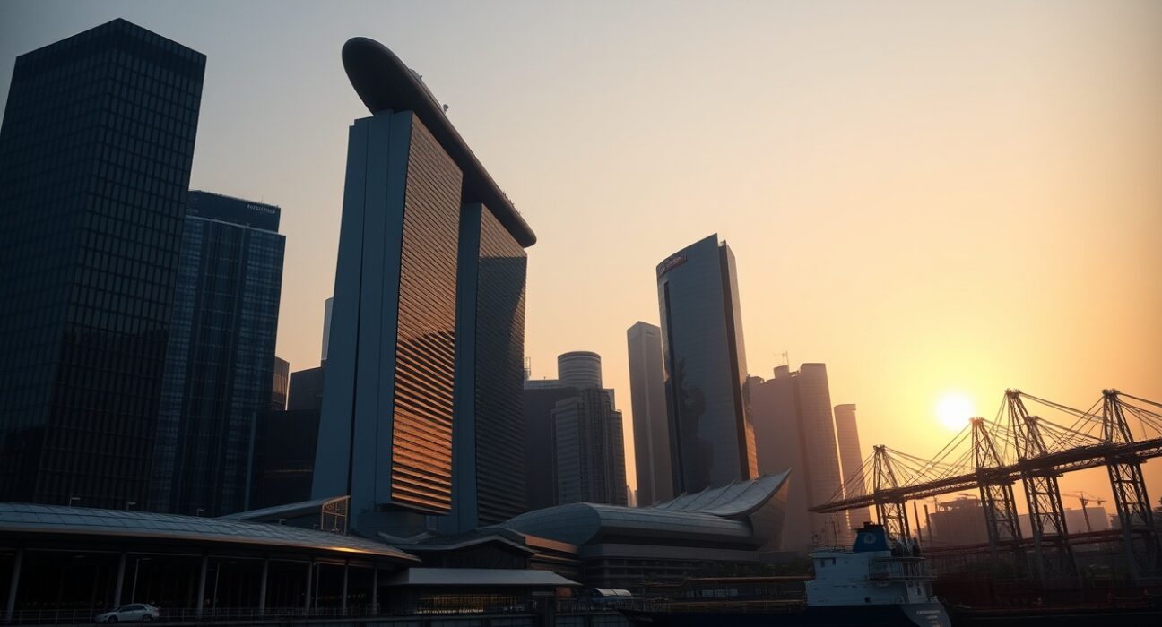 Singapore skyline at sunrise with Marina Bay Sands and a container ship in the harbor, representing economic resilience.