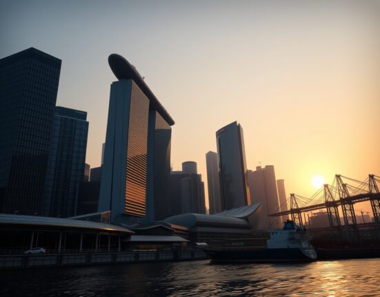Singapore skyline at sunrise with Marina Bay Sands and a container ship in the harbor, representing economic resilience.