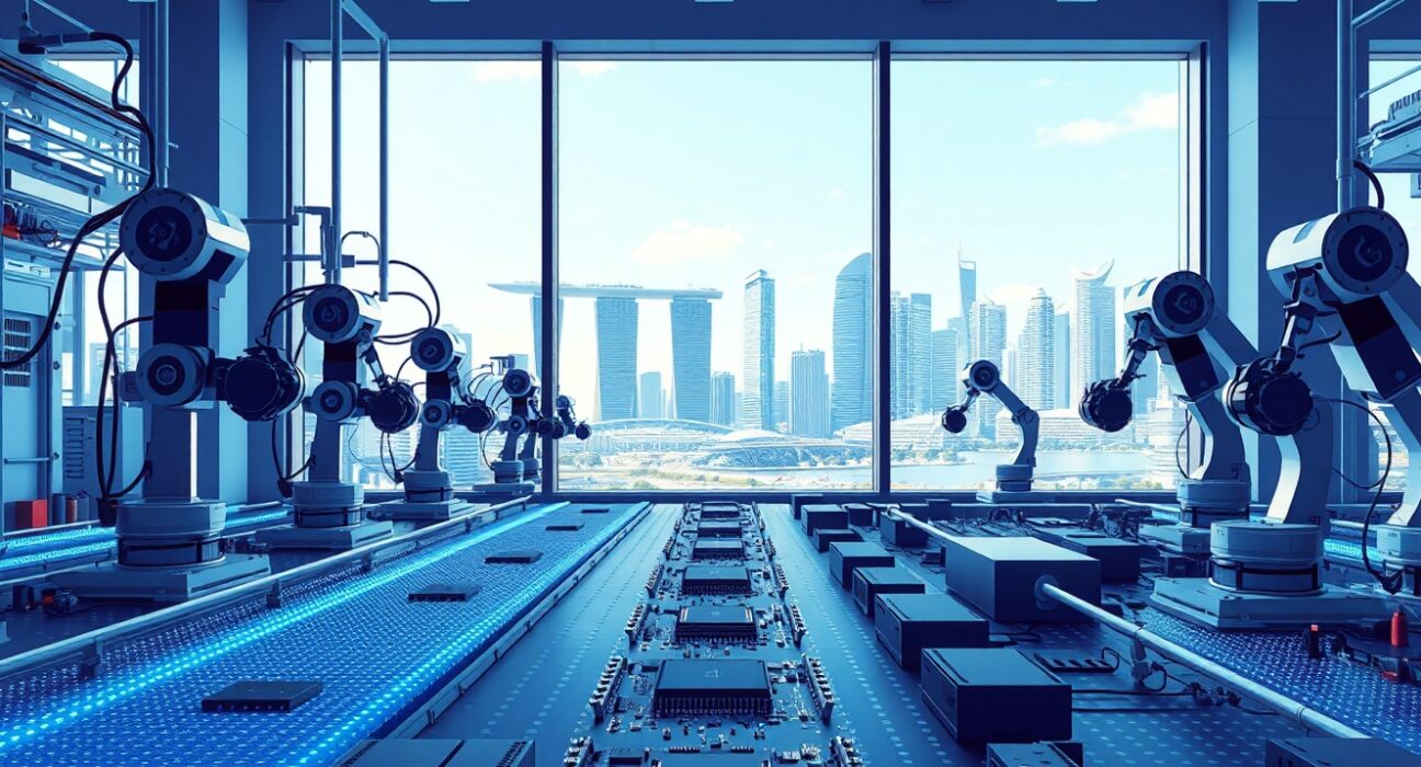 Singapore electronics factory assembly line with circuit boards, representing the electronics sector strength offsetting petrochemical drag in the UOB economic report.