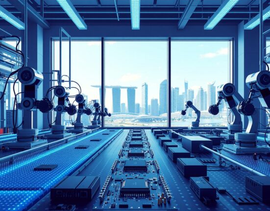 Singapore electronics factory assembly line with circuit boards, representing the electronics sector strength offsetting petrochemical drag in the UOB economic report.