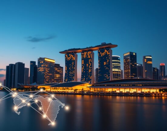 Singapore's financial district illustrating the impact of imported energy shock on monetary policy.