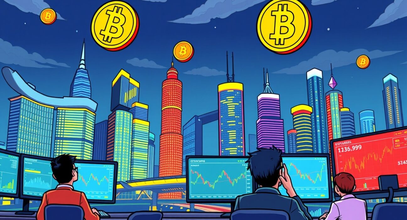 Singapore Exchange perpetual futures trading with Bitcoin and Ethereum symbols in vibrant financial district