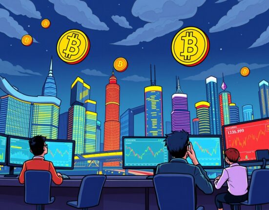 Singapore Exchange perpetual futures trading with Bitcoin and Ethereum symbols in vibrant financial district