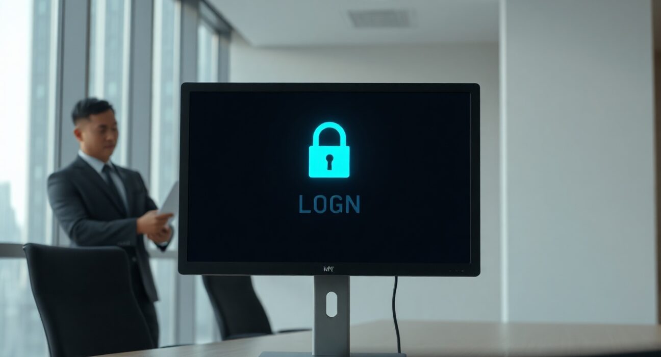 Cybersecurity concept: computer monitor with login screen and lock icon in a modern office