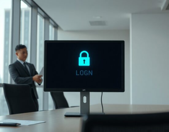 Cybersecurity concept: computer monitor with login screen and lock icon in a modern office