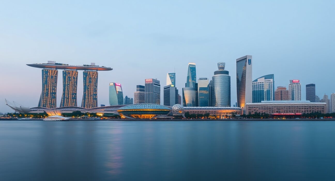 Singapore skyline at dusk with Marina Bay Sands and financial district, illustrating economic and policy analysis.