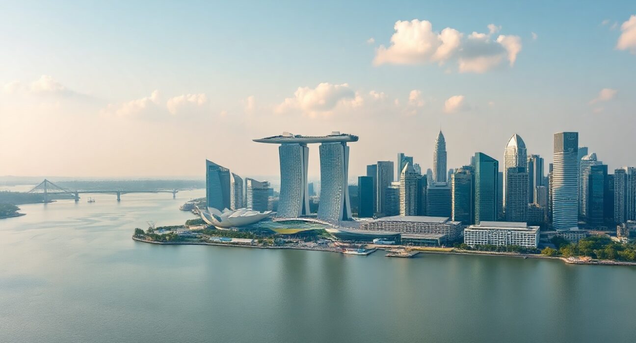 Singapore skyline with financial district and Marina Bay Sands, symbolizing economic stability and foreign reserves growth.