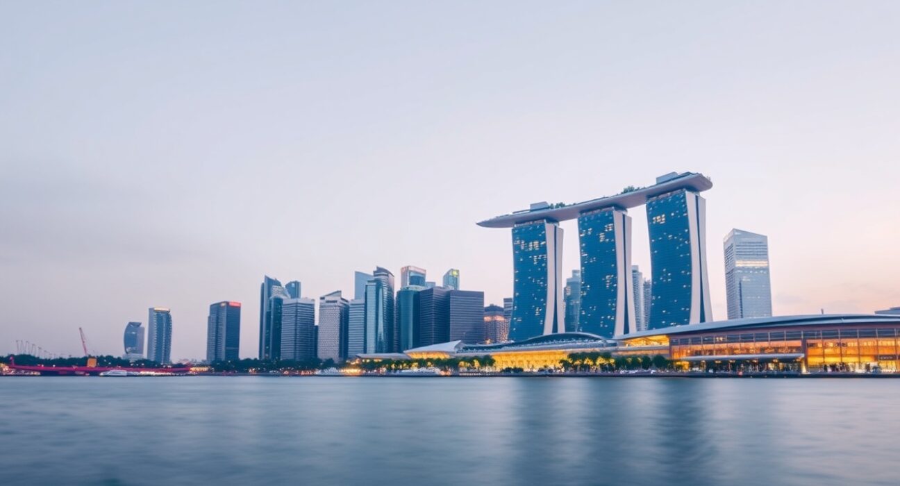 Aerial view of Singapore's Marina Bay financial district skyline at dusk, representing the nation's economic stability and foreign reserves.