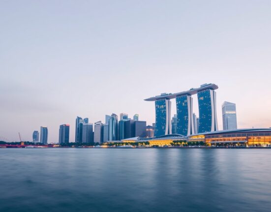 Aerial view of Singapore's Marina Bay financial district skyline at dusk, representing the nation's economic stability and foreign reserves.