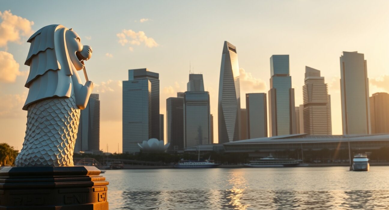 Singapore's Marina Bay skyline at sunset, symbolizing the city-state's economic growth and upgraded GDP forecast.