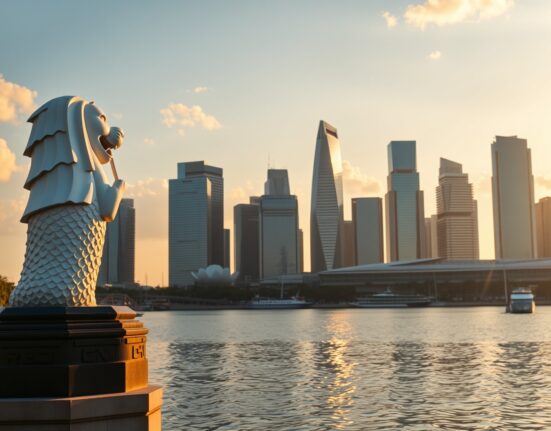 Singapore's Marina Bay skyline at sunset, symbolizing the city-state's economic growth and upgraded GDP forecast.