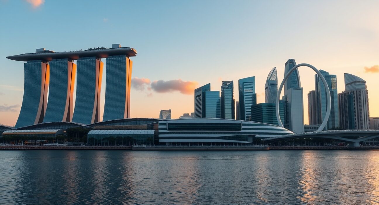 Singapore skyline at sunrise with Marina Bay Sands and financial district.