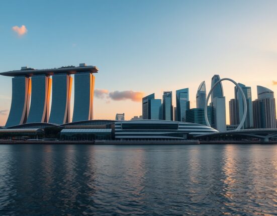 Singapore skyline at sunrise with Marina Bay Sands and financial district.