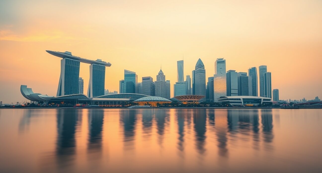 Singapore skyline at sunrise with Marina Bay Sands reflecting in the bay