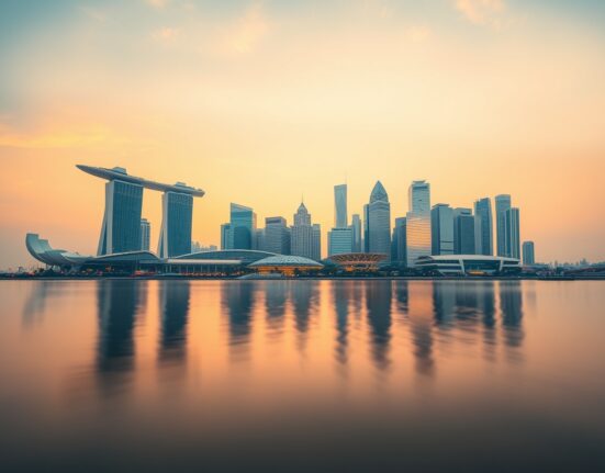 Singapore skyline at sunrise with Marina Bay Sands reflecting in the bay