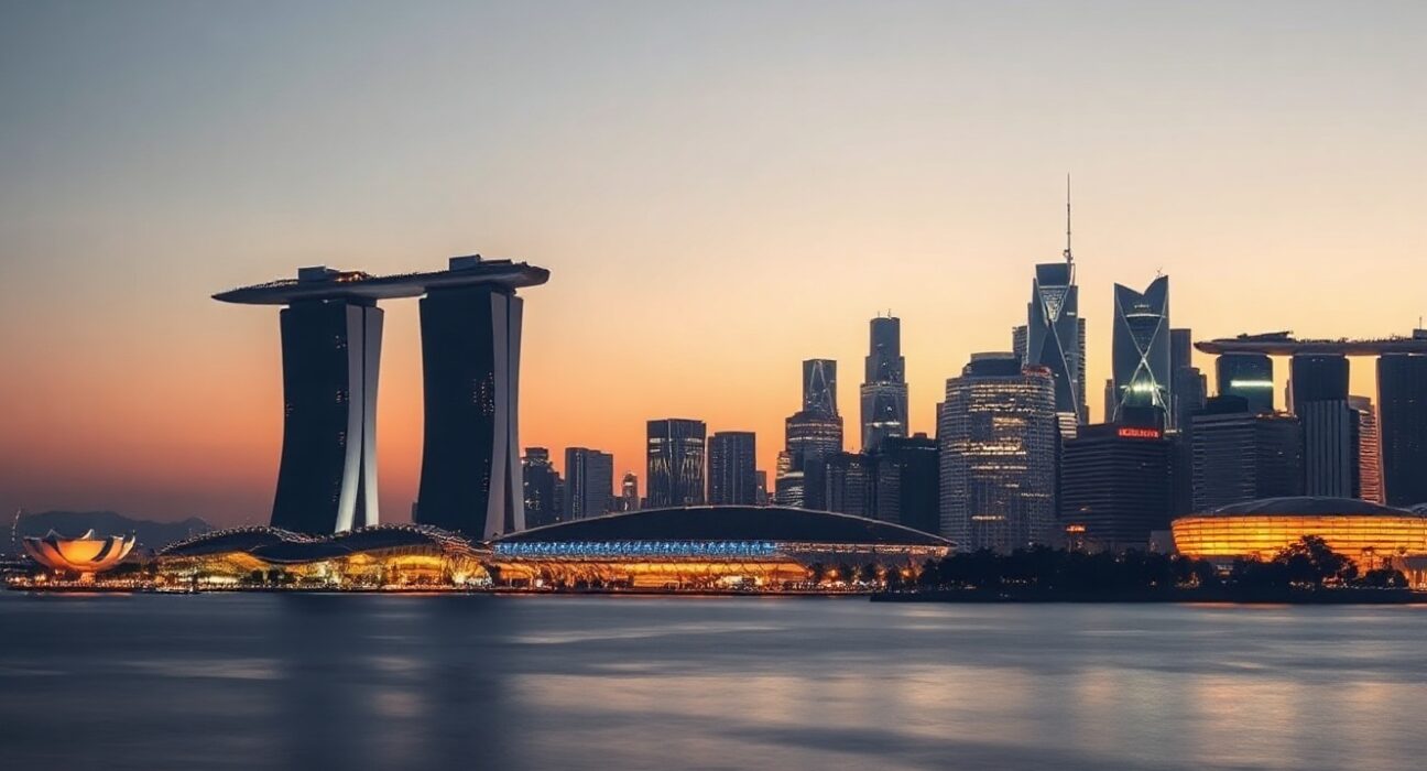 Singapore skyline at dusk with Marina Bay Sands and financial district illuminated.