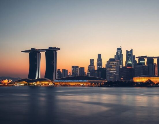 Singapore skyline at dusk with Marina Bay Sands and financial district illuminated.