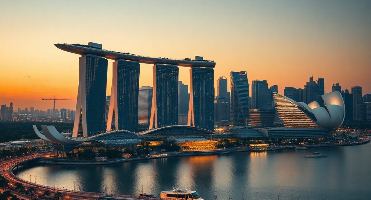Singapore skyline at dusk symbolizing economic growth and stability