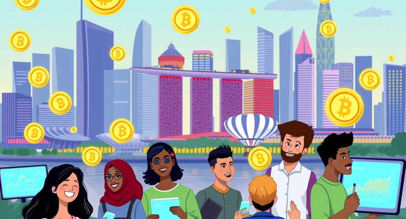 Singapore leads global crypto adoption with a vibrant digital economy illustration.