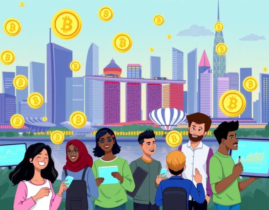 Singapore leads global crypto adoption with a vibrant digital economy illustration.
