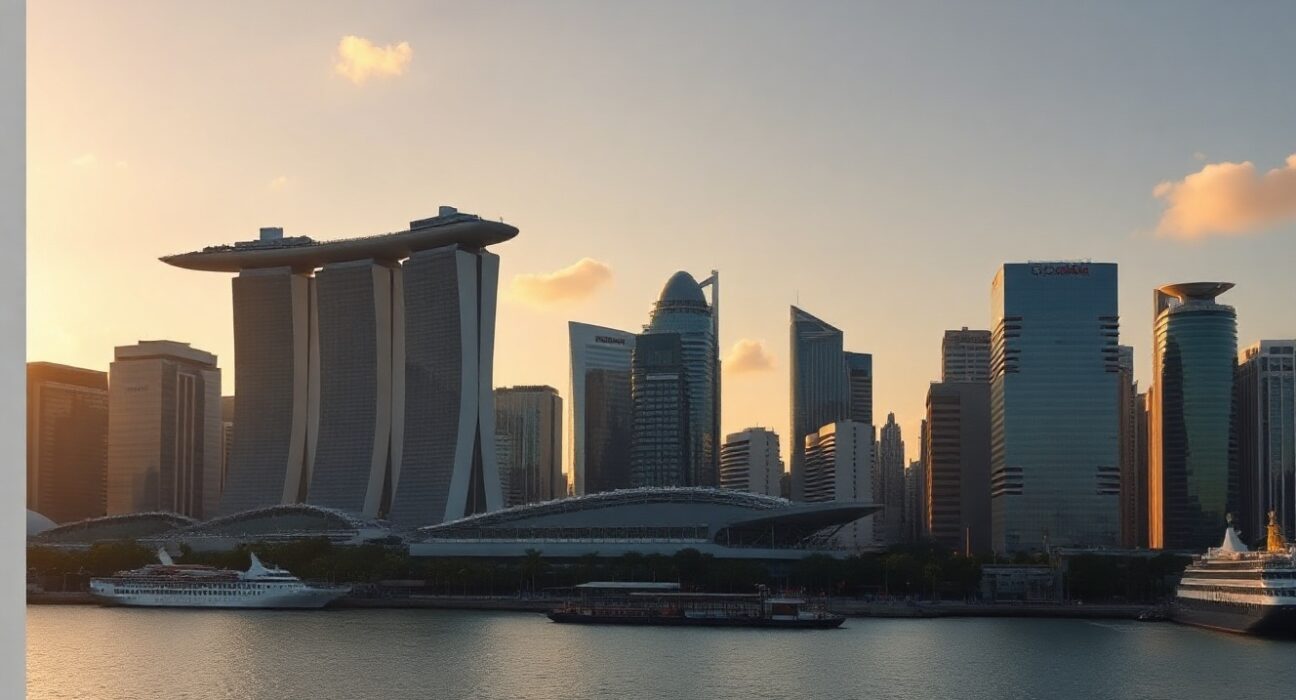 Singapore skyline at sunset, symbolizing economic growth and financial hub status.
