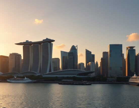 Singapore skyline at sunset, symbolizing economic growth and financial hub status.