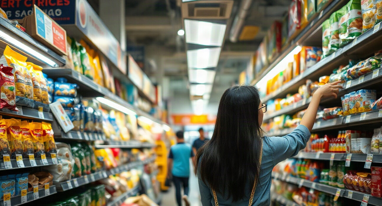 Shopper in a Singapore supermarket looking at price tags, illustrating rising consumer prices.