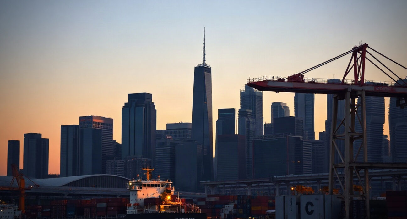 Singapore skyline at dusk with port cranes in foreground, symbolizing economic outlook.