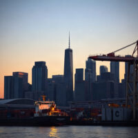 Singapore skyline at dusk with port cranes in foreground, symbolizing economic outlook.
