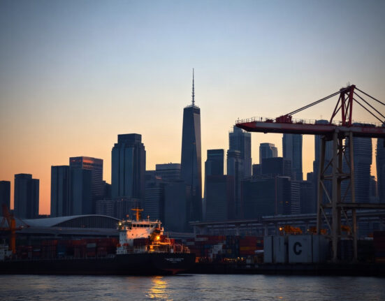 Singapore skyline at dusk with port cranes in foreground, symbolizing economic outlook.