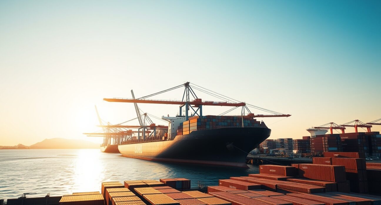 Container port in Singapore at sunrise with cranes and a cargo ship