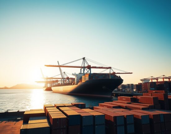 Container port in Singapore at sunrise with cranes and a cargo ship