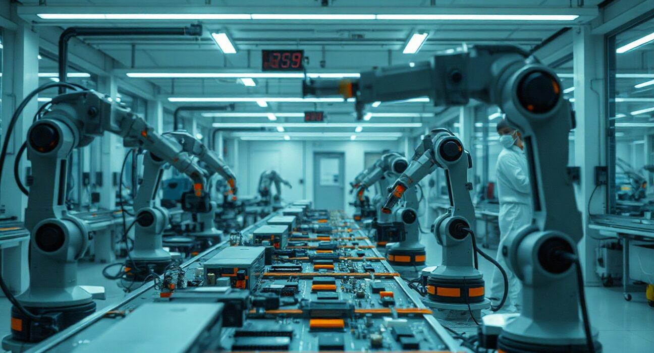 Modern factory floor in Singapore with automated assembly line