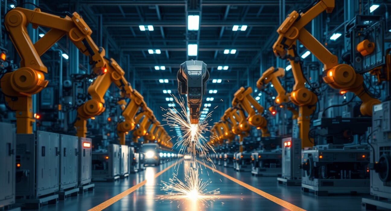 Robotic arms welding on a modern factory floor in Singapore, representing the expanding manufacturing sector.
