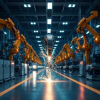 Robotic arms welding on a modern factory floor in Singapore, representing the expanding manufacturing sector.
