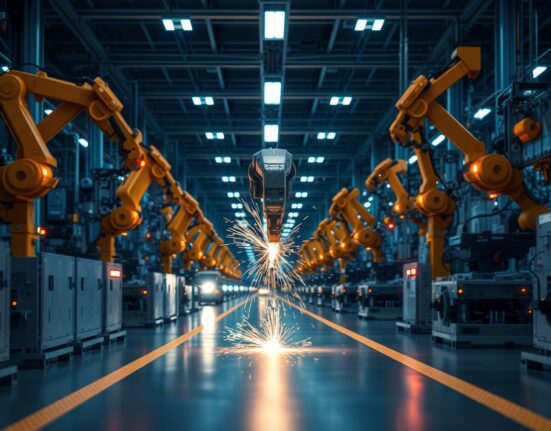 Robotic arms welding on a modern factory floor in Singapore, representing the expanding manufacturing sector.