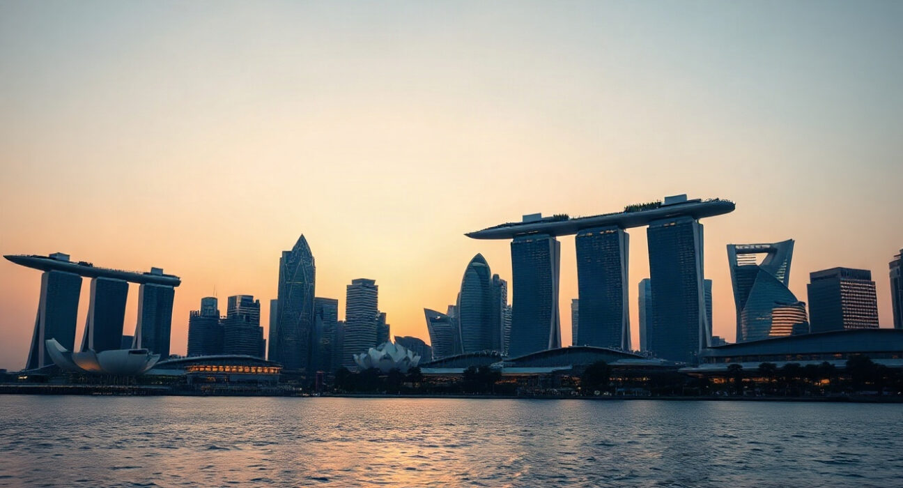 Singapore skyline at dusk, representing the city-state's financial regulatory environment.